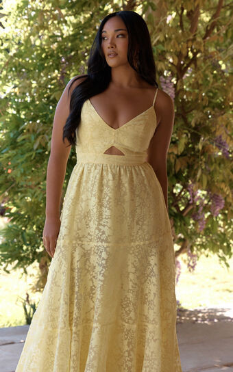 Jorie Midi Dress - Strappy Front Cut Out Tiered Skirt in Pastel Yellow | Showpo (US, UK & Europe)