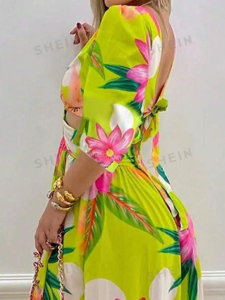 Vestido De Mujeres Con Estampado Floral, Hueco Y Abertura Alta | SHEIN