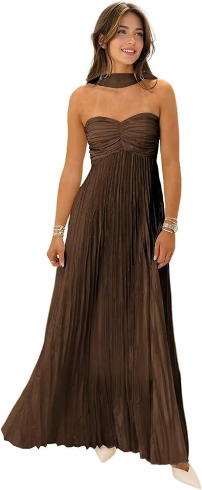 Women's Strapless Chiffon Bridesmaid Dresses with Scarf Long A-Line Pleated Formal Evening Dress ... | Amazon (US)
