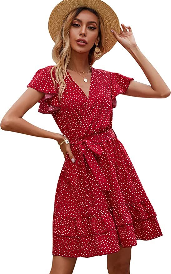 Floerns Women's Summer Polka Dots V Neck Ruffle Cap Sleeve A Line Mini Dress | Amazon (US)