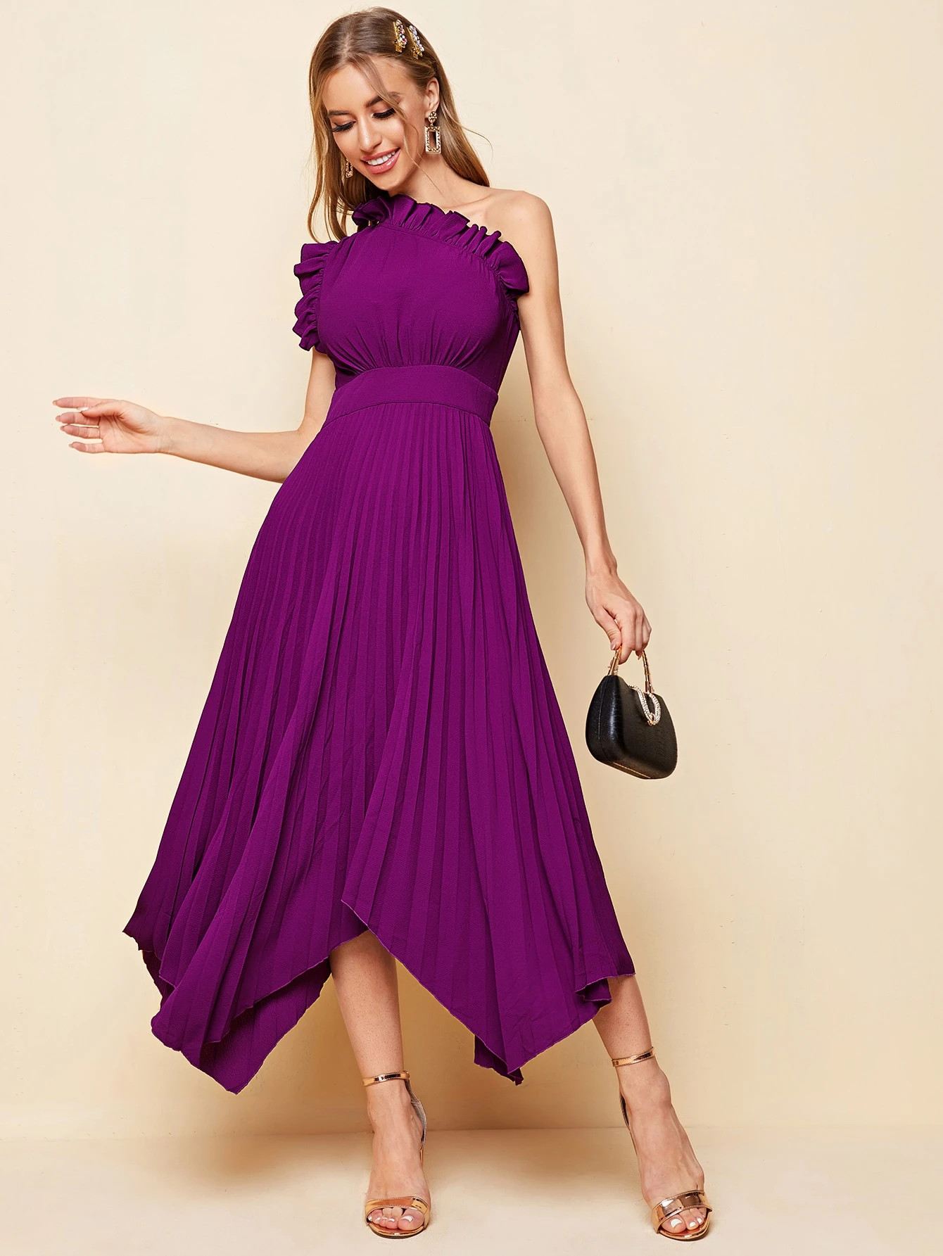 SHEIN One Shoulder Ruffle Detail Pleated Hanky Hem Dress | SHEIN