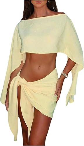 MakeMeChic Women's 2 Piece Outfits Long Sleeve Crop Top and Wrap Mini Skirt Summer Sets | Amazon (US)