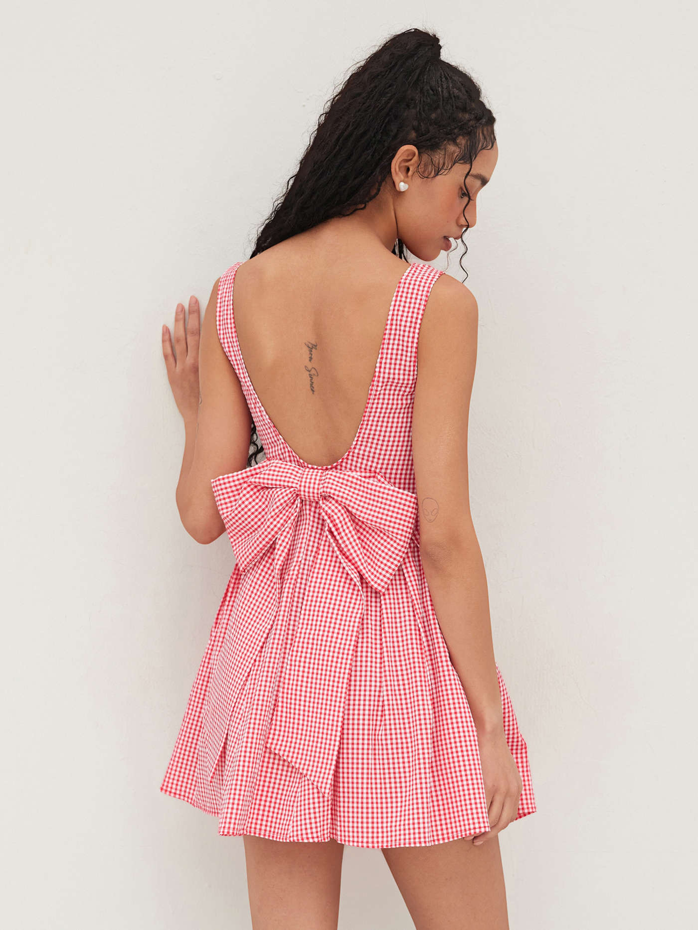 Boat Neck Gingham Bowknot Backless Mini Dress... | Cider