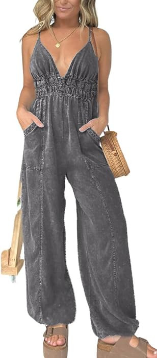 utcoco Womens Smocked Elastic Waist Denim Jumpsuit Sleeveless Adjustable Straps Wide Leg Jeans Ov... | Amazon (US)