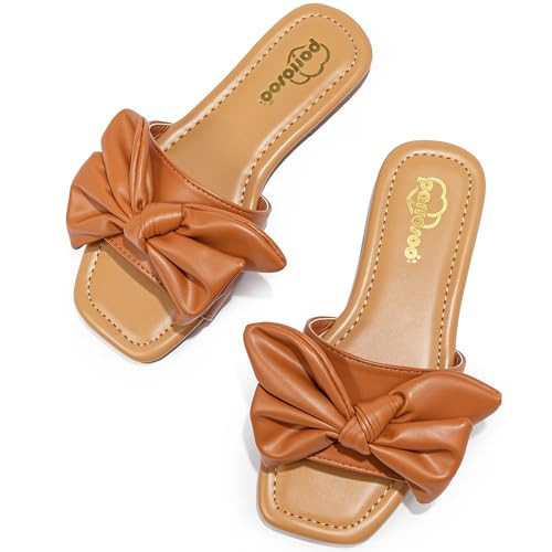 Parrosoo Bow Sandals for Girls Flats Brown Dress Shoes Dressy Sandal Slides Kids Little Kid Open Square Toe Slip on Slippers Bows Sandles Teen Summer Beach Casual Fancy Wedding(80601 Brown 13) | Amazon (US)