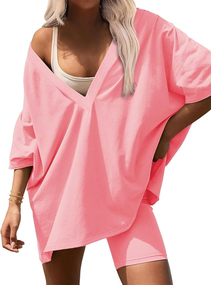 Ekouaer Womens 2 Piece Lounge Set 2025 Summer Outfits Oversized V Neck Tshirts Biker Short Comfy ... | Amazon (US)