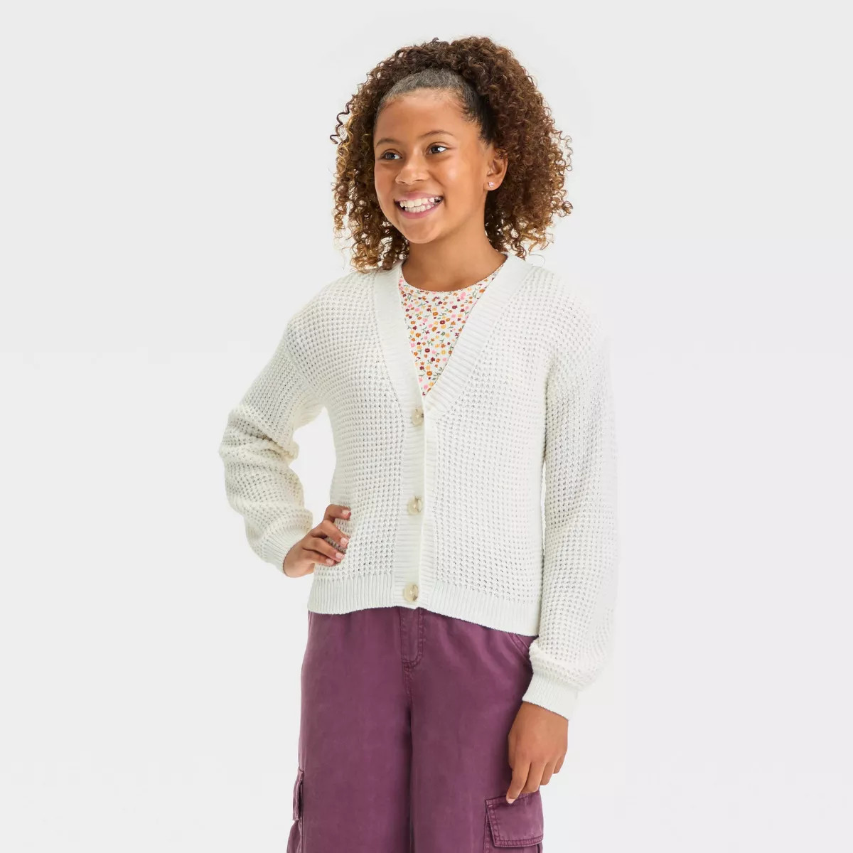 Girls' Short Waffle Button-Front Sweater - Cat & Jack™ Cream XS | Target