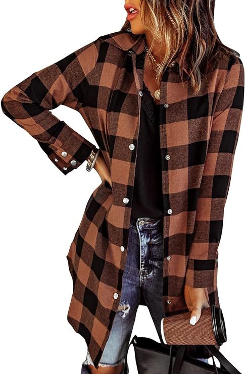EVALESS Color Block Plaid Shacket Jacket Women Cute V Neck Long Sleeve Button Down Blouses Tops F... | Amazon (US)