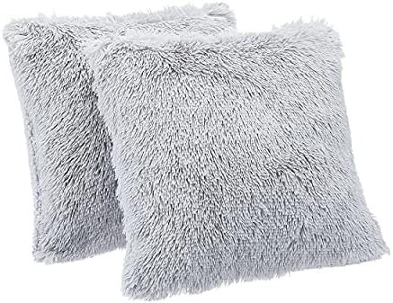Amazon Basics Shaggy Long Fur Faux Fur Throw Pillow Covers, 18"x18", Pack of 2 - Light Grey | Amazon (US)