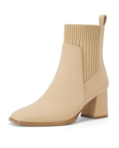 Womens Slip On Ankle Boots Chunky Block Heel Square Toe Chelsea Dress Booties, Beige. Size 9.5 | Amazon (US)