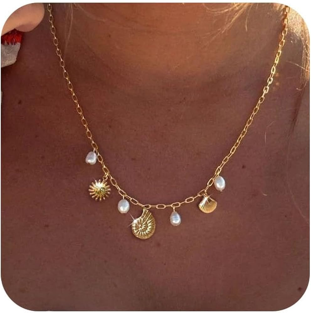 Charm Necklace for Women - Dainty Gold Paperclip Beach Charm Necklace Cute Shell Necklace Moon St... | Amazon (US)