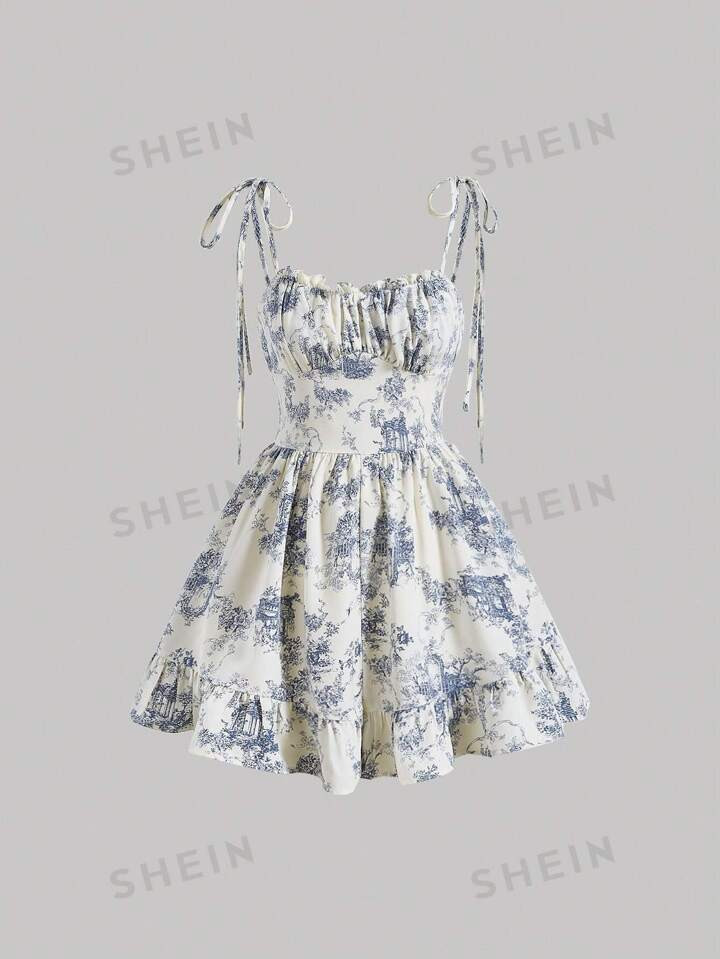 SHEIN MOD Plants Print Ruched Bust Ruffle Hem Cami Romper | SHEIN