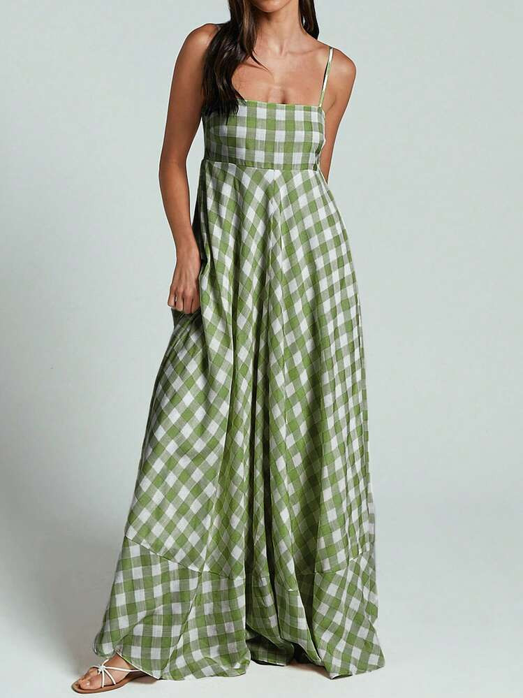 Women Summer Sleeveless Dress Casual Plaid Print Spaghetti Strap A-Line Party Dresses | SHEIN
