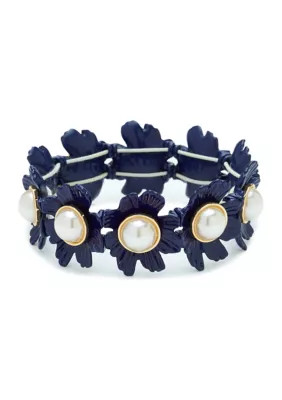 Gold Tone Blue Flower Pearl Stretch Bracelet | Belk