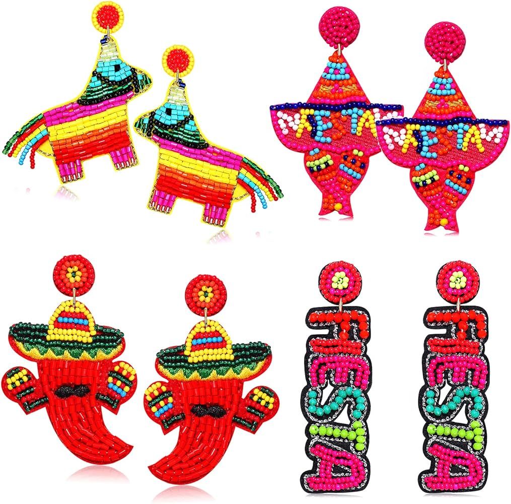 4 Pairs Mexican Earrings for Women, Fiesta Earrings, Cinco De Mayo Earrings, Beaded Piñata Sombr... | Amazon (US)