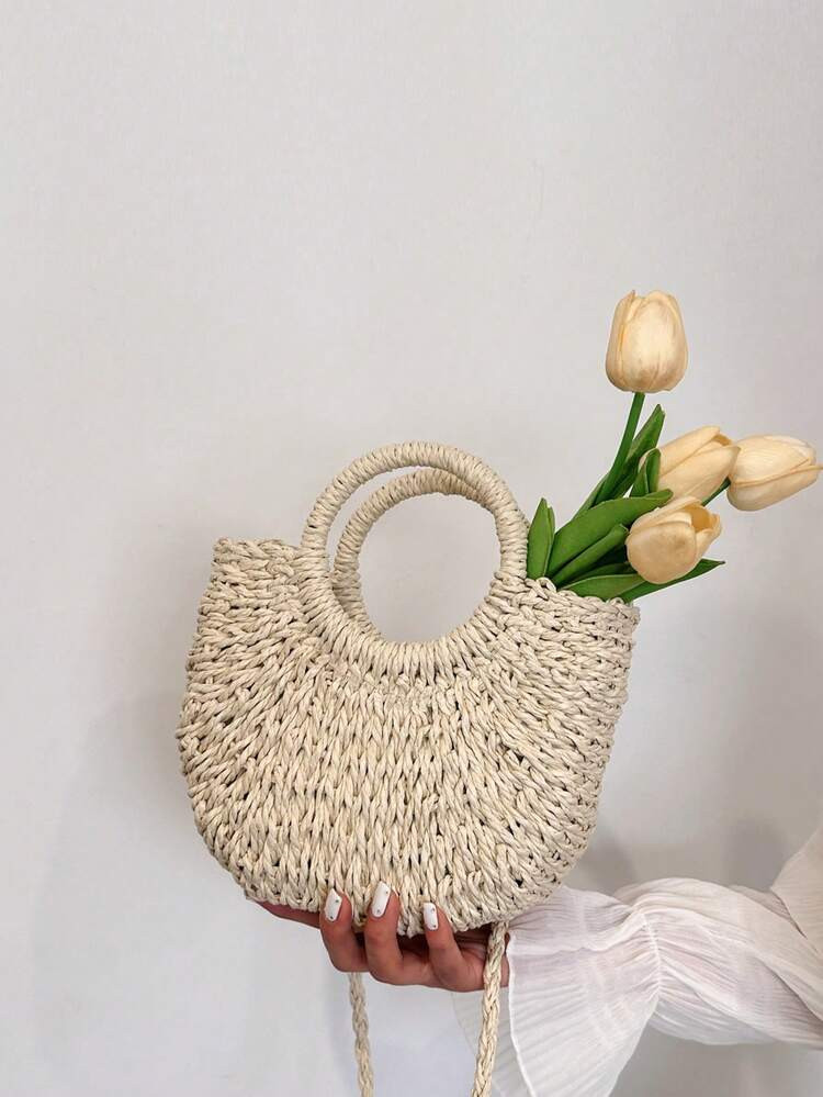 1 Pc Lightweight Half-Round Woven Paper Bag Women's Summer Crossbody Bag Casual Beach Handbag For... | SHEIN