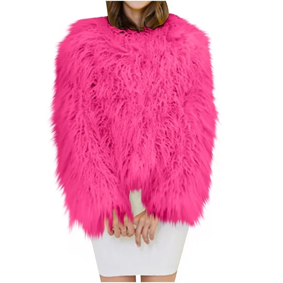 Hueook Faux Fur Women's Winter Solid Color Casual Extended Warm Jacket Hot Pink 3X | Walmart (US)