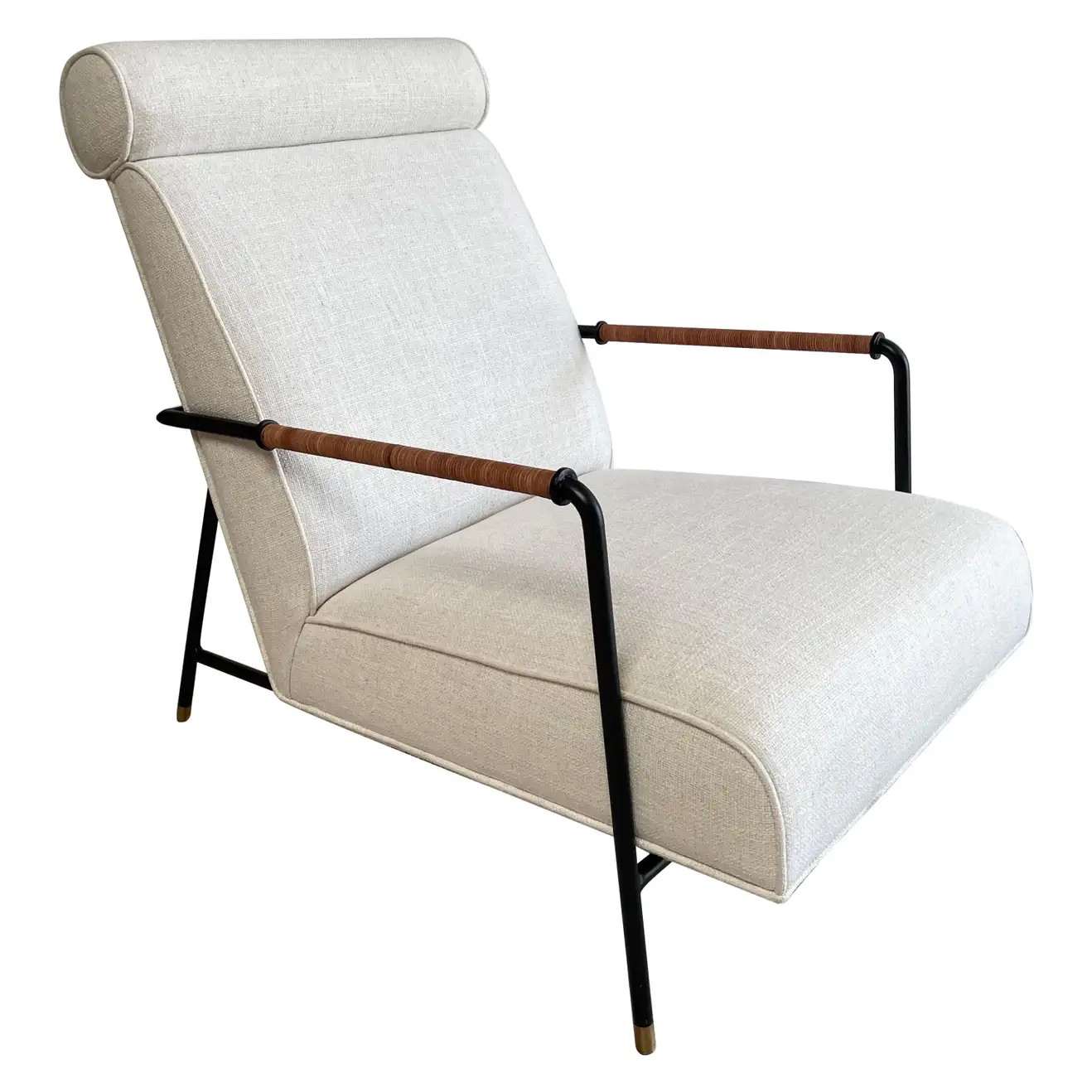 Contemporary Upholstered and Metal Lounge Chair with Leather Rope Arms | 1stDibs