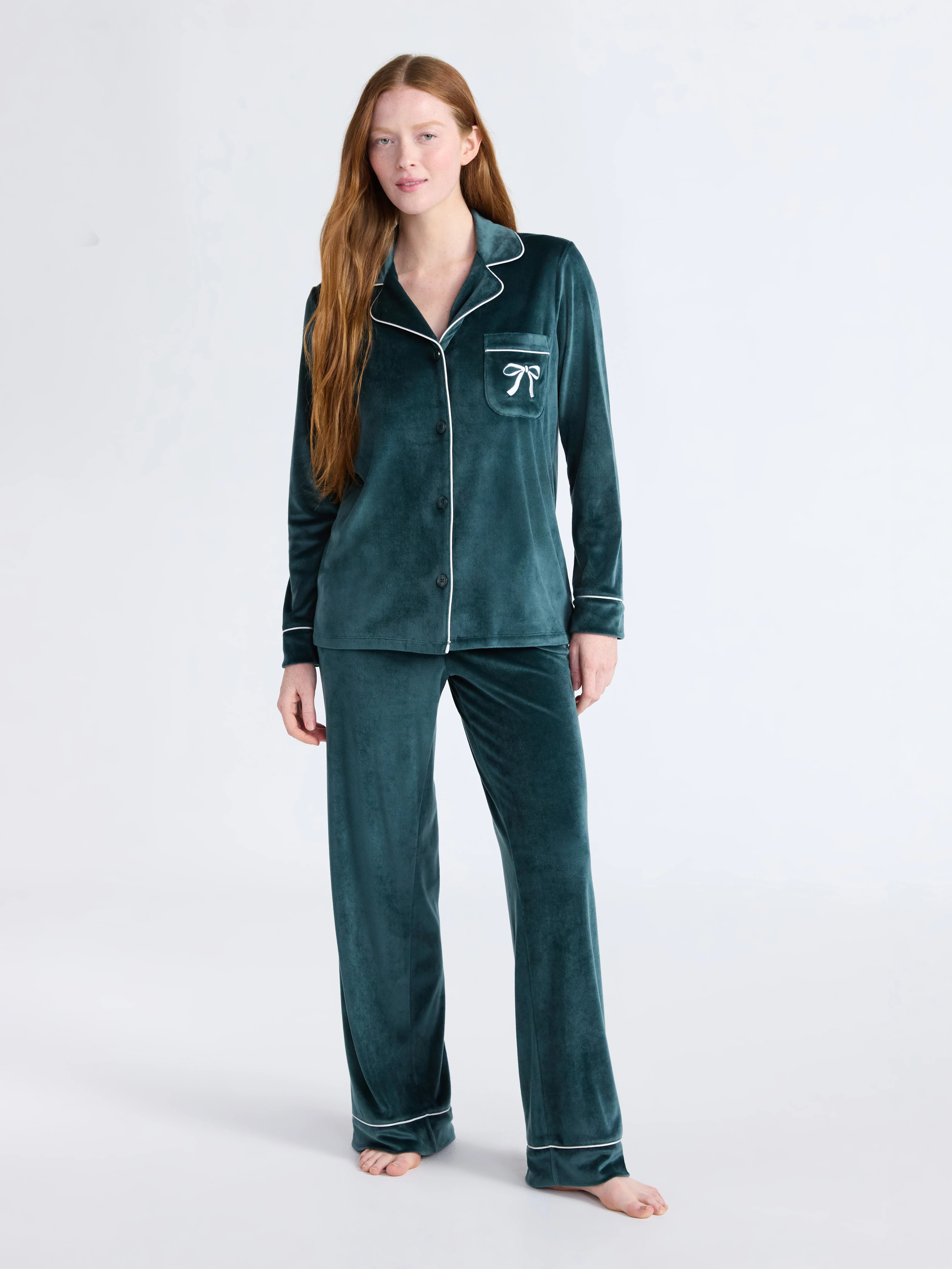 Joyspun Women’s Stretch Velour Notch Collar Long Sleeve Pajama Set, Sizes XS to 4X | Walmart (US)
