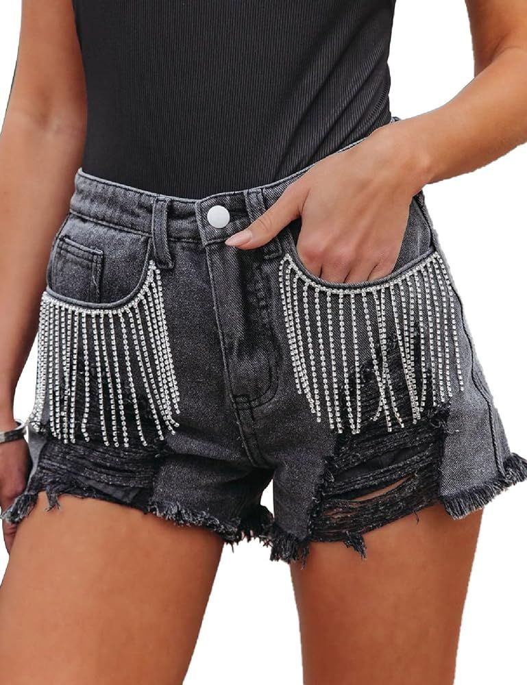 BQDCQB Womens Rhinestone Denim Shorts Distressed Jean Shorts Ripped Tassel Mid Rise Stretchy Shor... | Amazon (US)