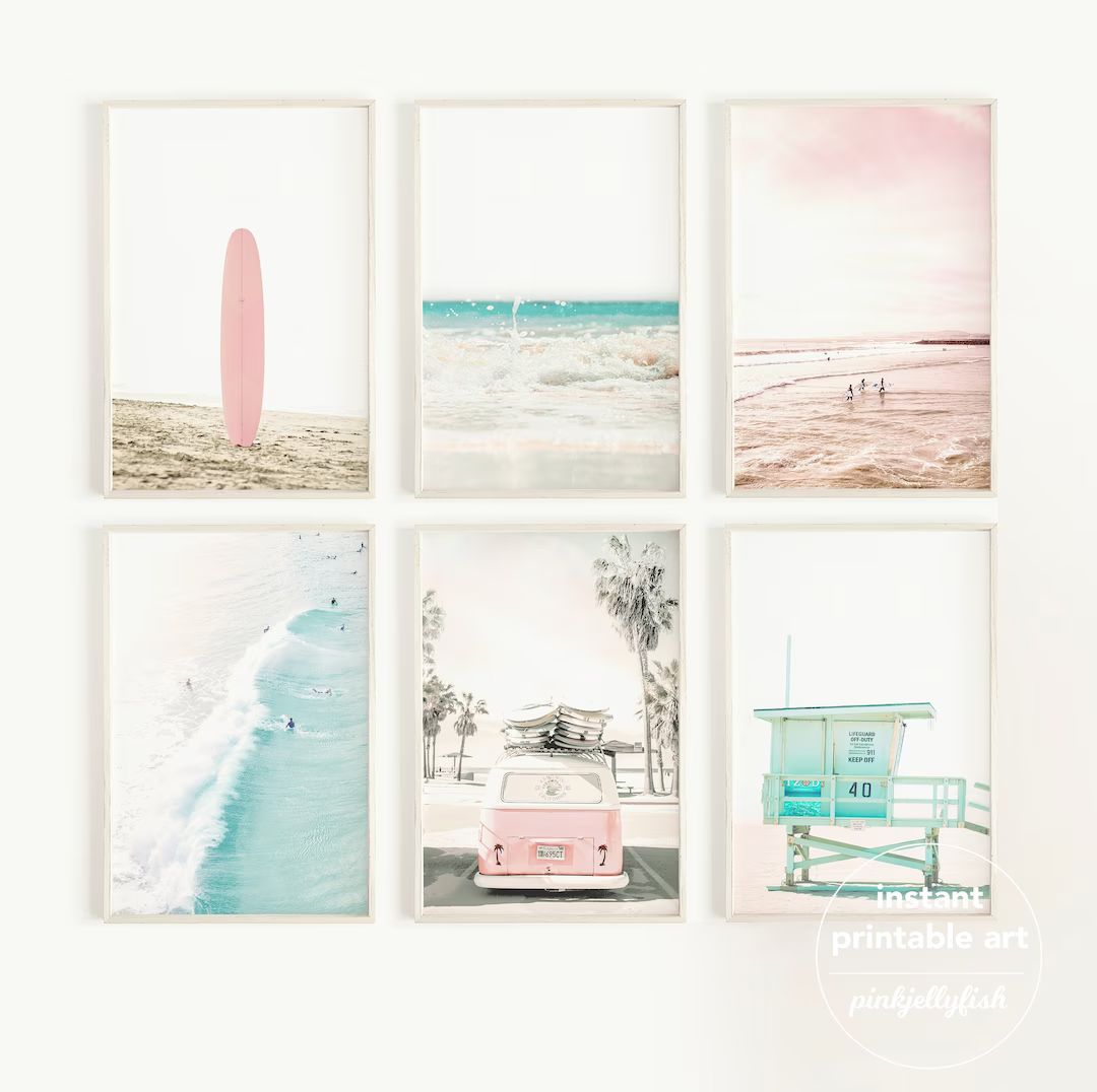 set of 6 prints, gallery beach prints, combi van, teen girl room decor, dorm decor for college gi... | Etsy (US)