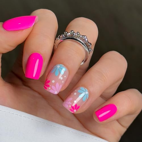 Curvlife Square Press on Nails Short Soft Gel Fake Nails with Design Full Cover False Nails Reusable Nail Kit with Nail Glue Adhesive Tabs Nail File Artificial Glue on Nails (pink flower, 30pcs) | Amazon (US)
