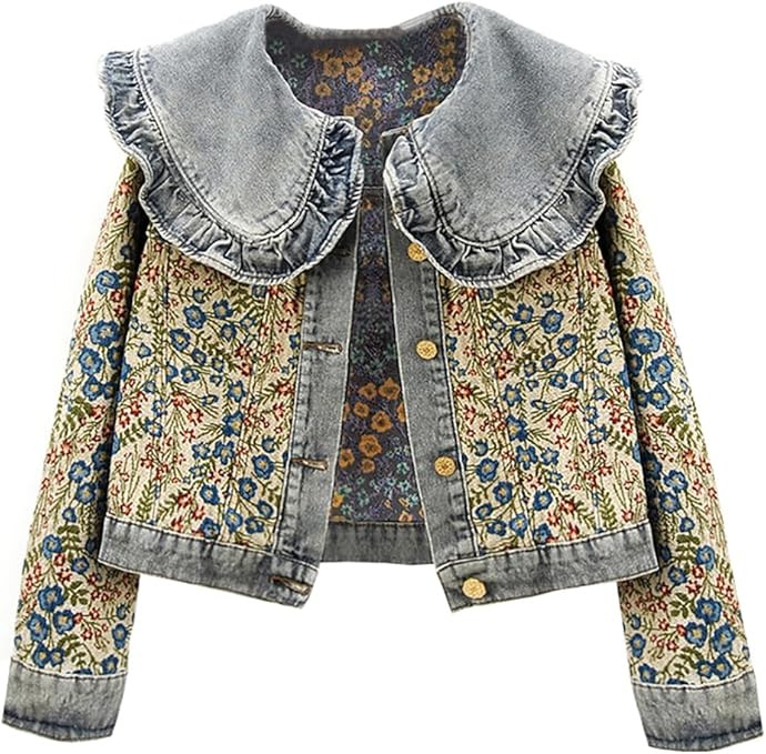 Women’s Sweet Peter Pan Collar Long Sleeve Jacquard Denim Jacket | Amazon (US)