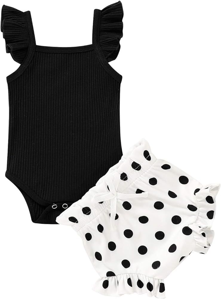 Infant Baby Girl Summer Clothes Ruffle Sleeveless Romper with Polka Dot Short Pants Outfits 2Pcs ... | Amazon (US)