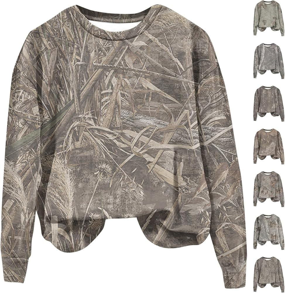 Dlongni Womens Camo Sweatshirt Maple Leaf Print Crewneck Sweatshirts Fall Long Sleeve Fleece Over... | Amazon (US)