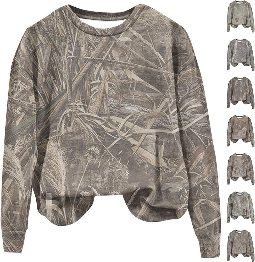 Dlongni Womens Camo Sweatshirt Maple Leaf Print Crewneck Sweatshirts Fall Long Sleeve Fleece Over... | Amazon (US)