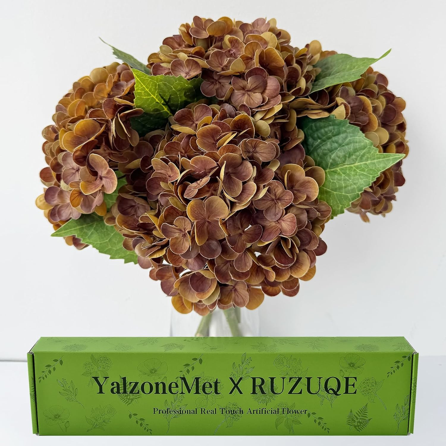YalzoneMet 4 PCS Brown Hydrangea Artificial Flowers 21'' Real Touch Faux Latex Bronze Hydrangea Flowers for Tables Centerpieces Boho Fake Flowers for Vintage Home Kitchen Decor | Amazon (US)