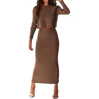 PRETTYGARDEN Women's Fall 2 Piece Sweater Set Rib Knit Long Sleeve Crop Top Maxi Bodycon Skirt Ca... | Amazon (US)