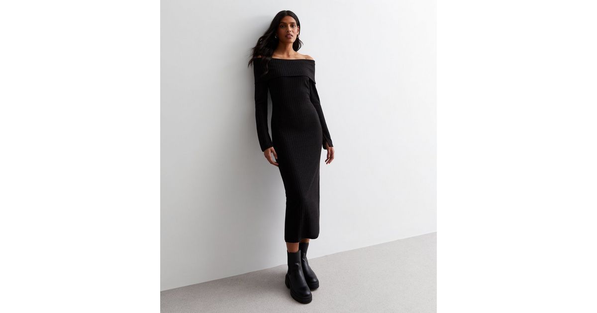 Black Ribbed Knit Bardot Long Sleeve Midaxi Dress
						
						Add to Saved Items
						Remove fr... | New Look (UK)