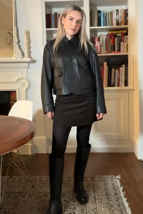 Autumn Outfit, Massimo Dutti, Leather Jacket, Mini Skirt, COS, Leather Boots, Uniqlo Jumper, Tights, Transitional Outfit 

#LTKautumn #LTKuk #LTKstyletip