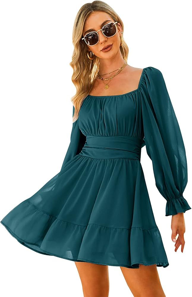 Women Tie Back Wedding Guest Dresses Long Lantern Sleeve Square Neck Ruffle Elastic Waist Aline C... | Amazon (US)
