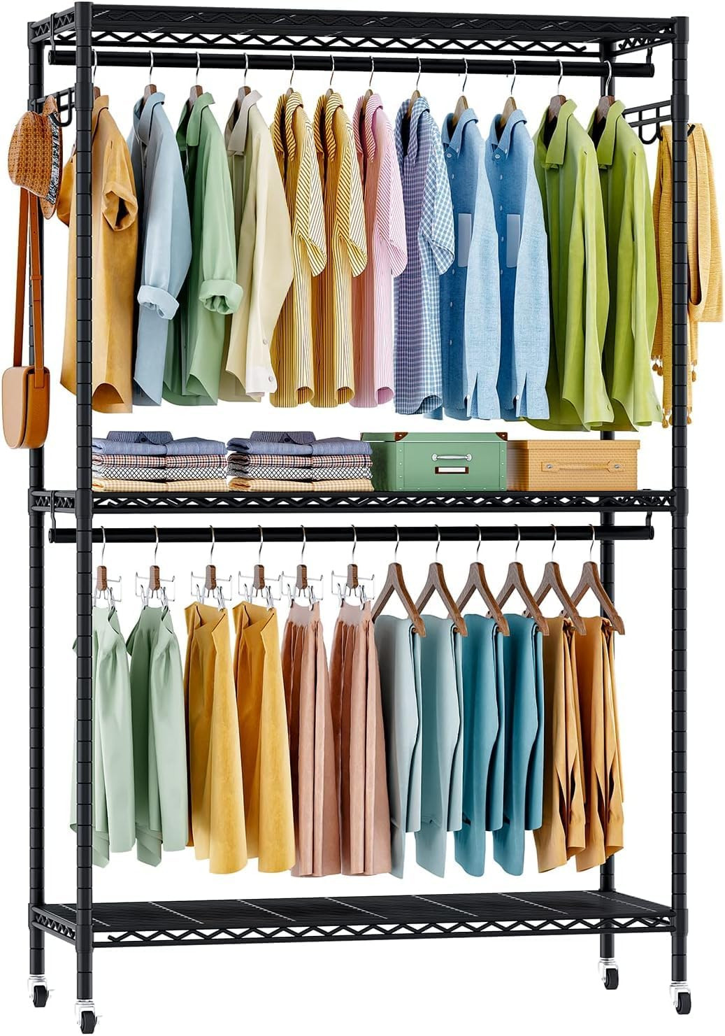 FTEYUET Clothes Rail with Storage Shelves, Heavy Duty Rolling Clothing Rail Clothing Rack Wardrob... | Amazon (UK)