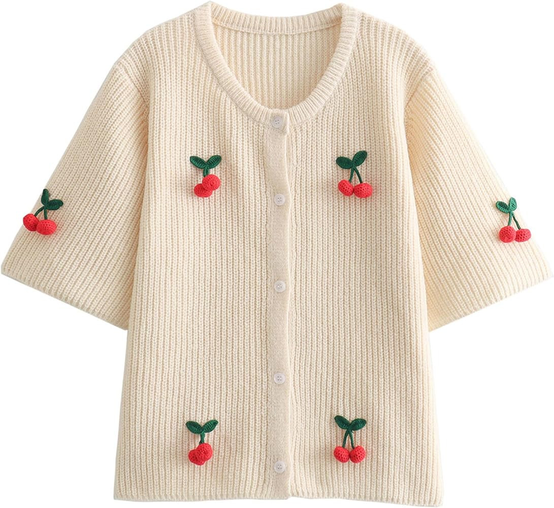 Bozanly Women's Short Sleeve Cropped Cardigan Sweater Basic Casual Button Down Cherry Knit Top | Amazon (US)
