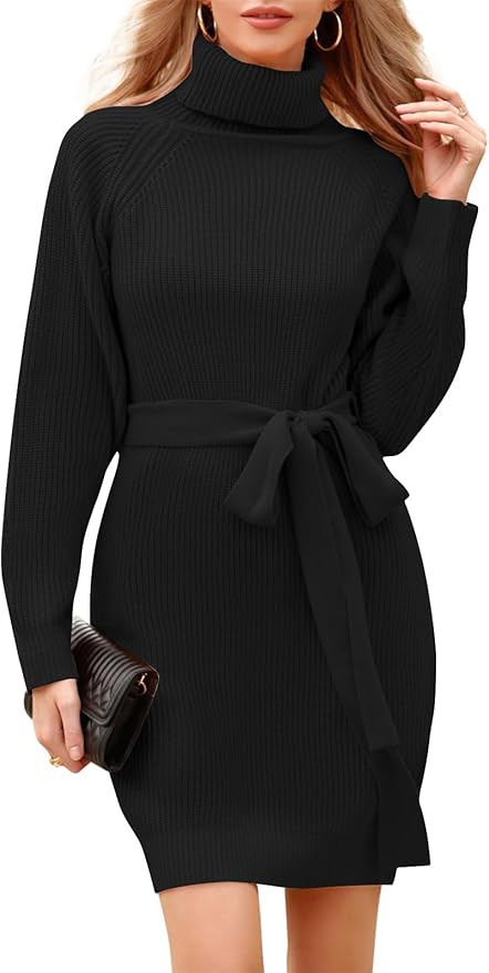 Womens Sweater Dress Turtleneck Long Sleeve Ribbed Knit Tie Waist Slim Fit Bodycon Pullover Fall ... | Amazon (US)