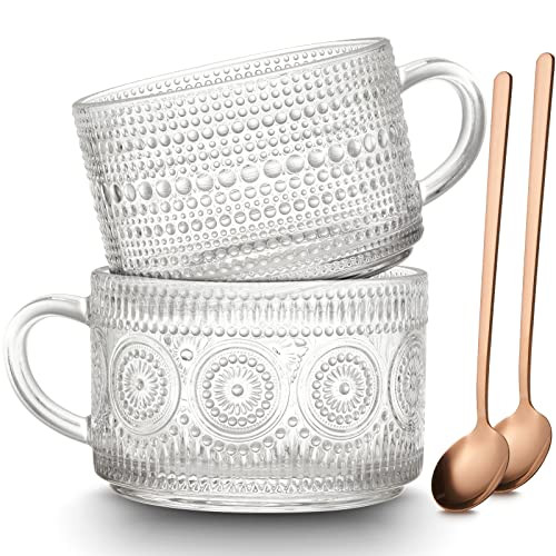 Mfacoy Vintage Coffee Mugs Set of 2, 14 oz Glass Coffee Tea Cups with Handle, Clear Embossed Glas... | Amazon (US)