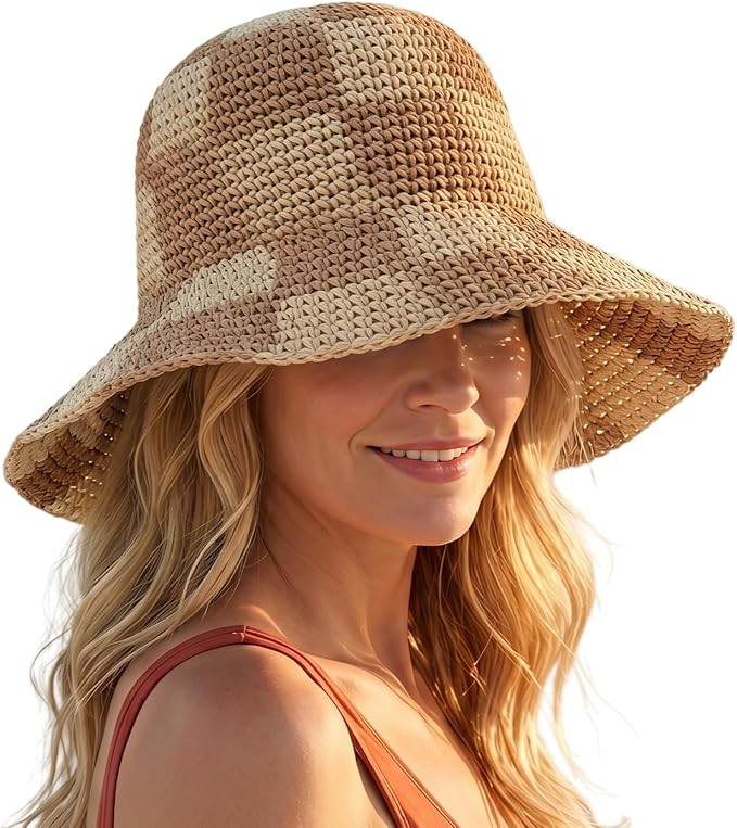 XXL Wide Brim Sun Hat for Women with Big Heads, Checkered Straw Beach Hat Summer UV Protection Fo... | Amazon (US)
