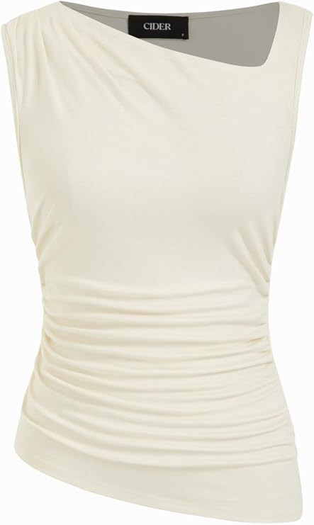 CIDER Women's Off The Shoulder Tank Tops Sleeveless Shirts Asymmetrical Neck Ruched Going Out Y2K... | Amazon (US)