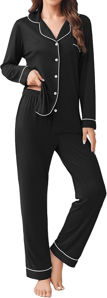 Ekouaer Womens Pajamas Set 2 Piece Button Down Pjs Soft Long Sleeve Top and Pants Sleepwear Set L... | Amazon (US)