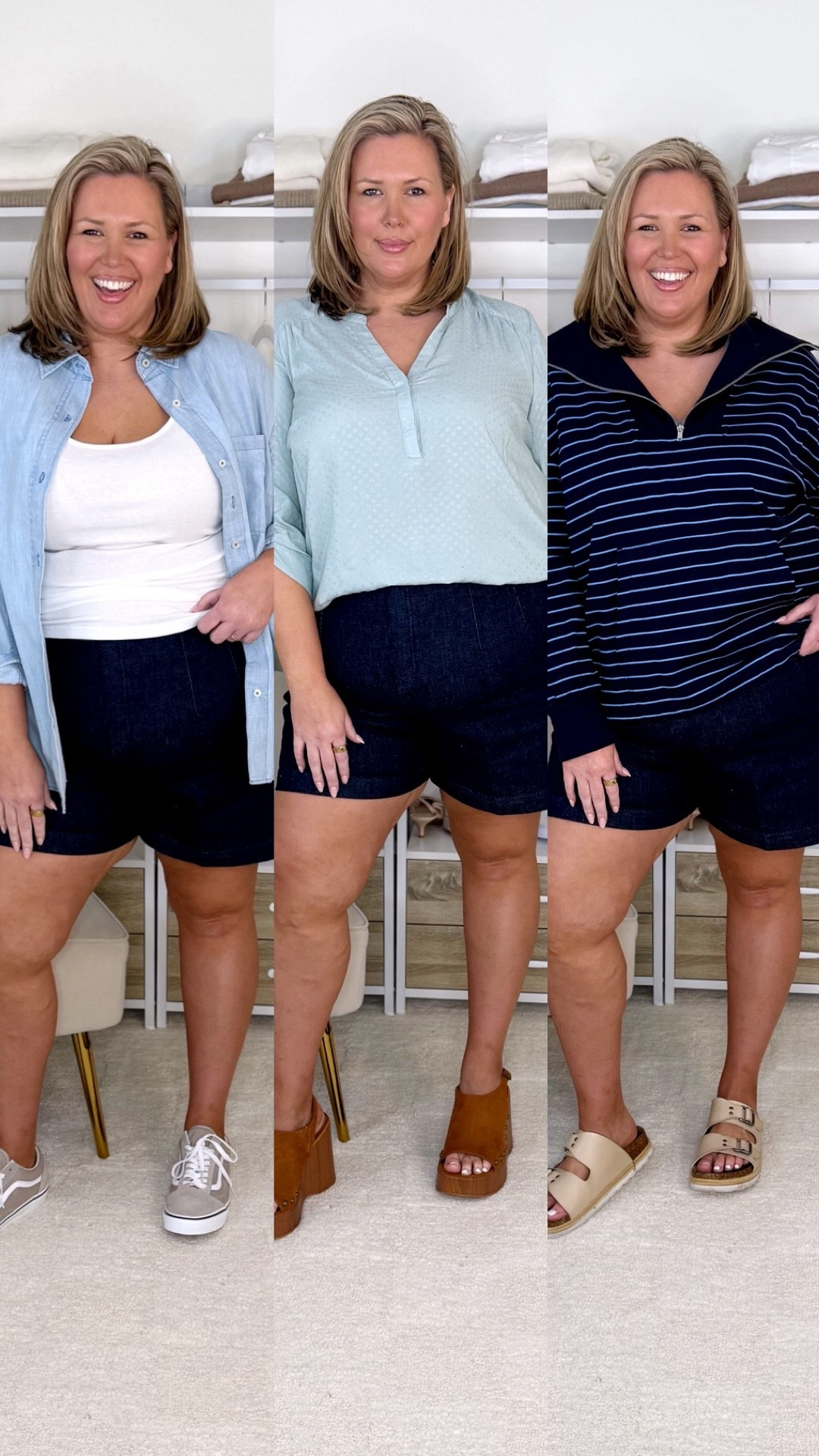 These shorts are SO GOOD! You sold them out @spanx !!!!! I linked my other favorites, and the non denim version of these shorts are just as amazing. Spanx shorts style 3 ways! The shorts are a 2X and the 5 inch ones! 1. Wearing the 1X in the tank and 2X in the button up. 2. Wearing a 2 (2X) in the top. 3. Wearing a 2 (2X) in the tank and XXL in the striped quarter zip. 

Plus size fashion, everyday outfit ideas, trendy fashion, ootd, mom style, spring fashion, ootd

#LTKPlusSize #LTKMidsize #LTKOver40