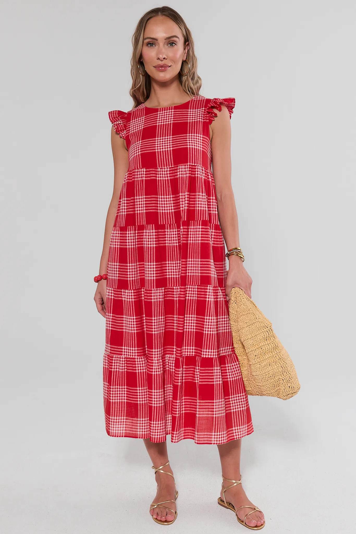 Red Plaid Flutter Sleeve Midi Dress | Avara