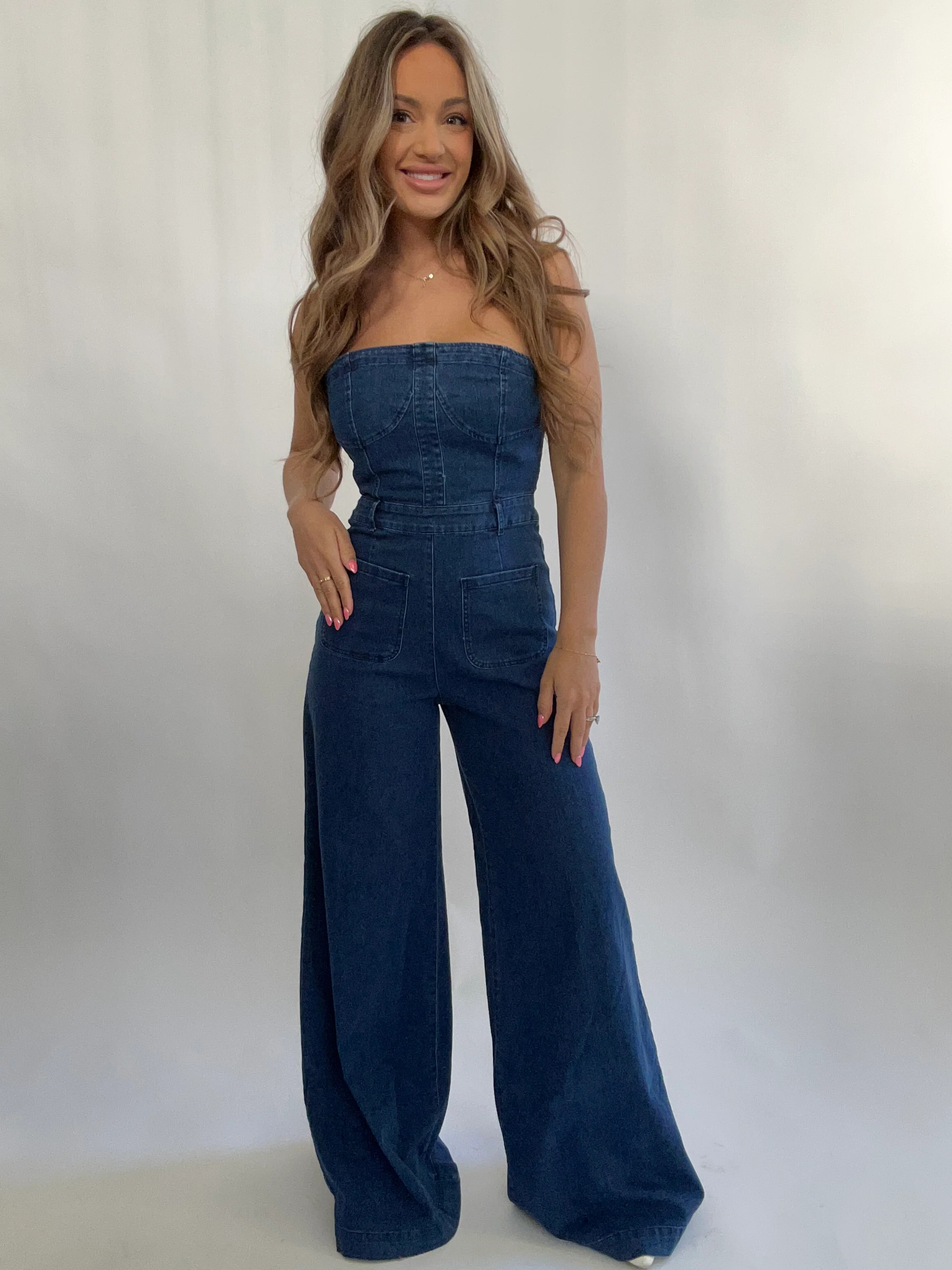 In The Moment Off The Shoulder Wide Leg Denim Jumpsuit | Willow Boutique