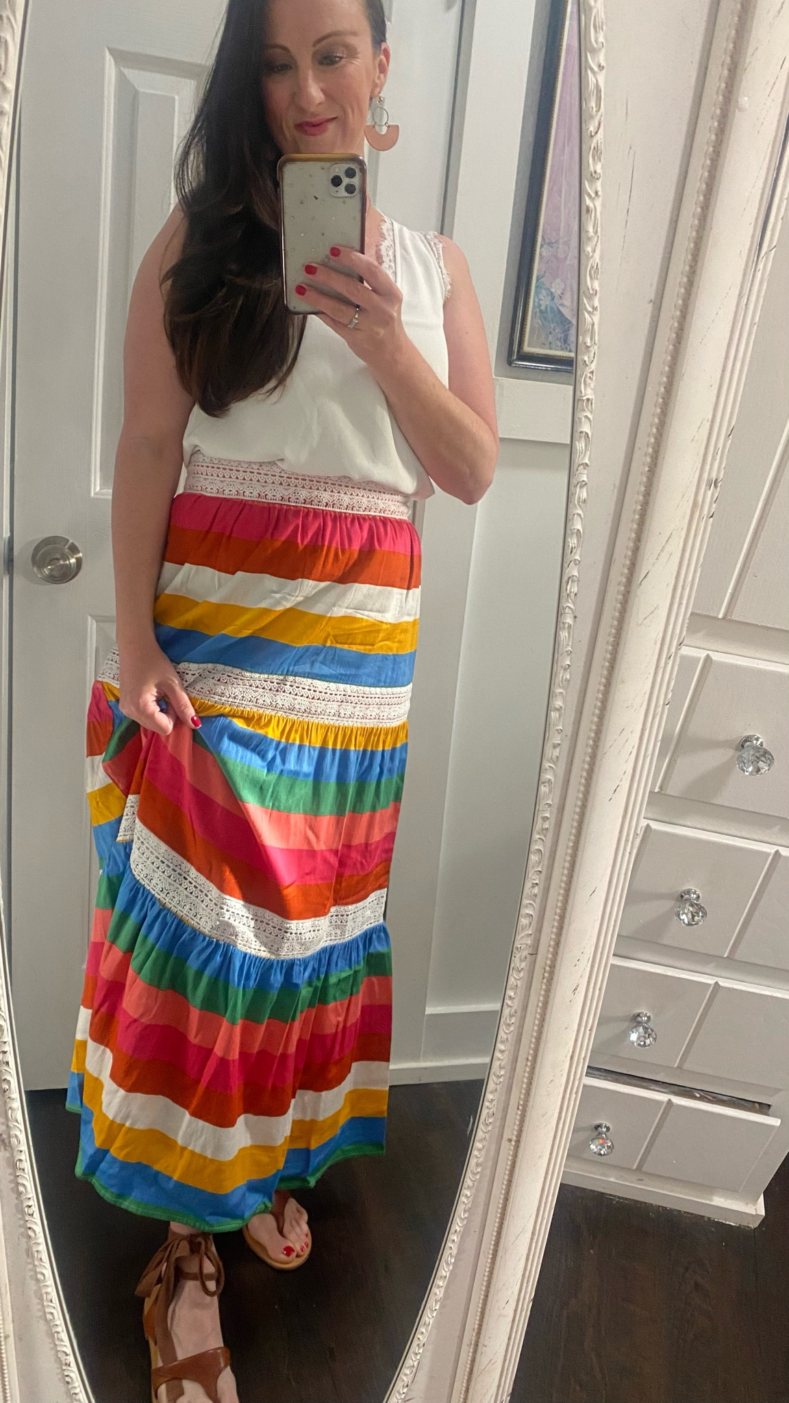Summer and spring fashion - easy vacation outfit or weekend wear. Maxi skirt + lace tank cami + leather sandals + dangly clay earrings. 

#LTKFindsUnder100 #LTKOver40 #LTKSeasonal