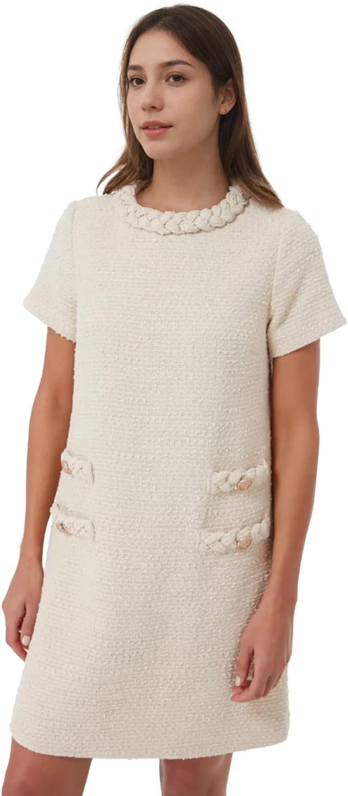 Women's Tweed Dress Short Sleeve Crew Neck A-line Party Vintage Mini Skirt Causal Dresses | Amazon (US)