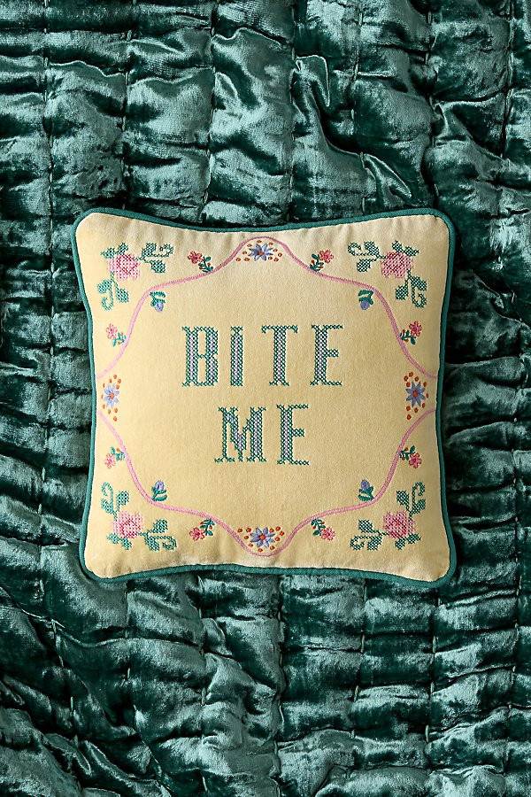 Cheeky Slogan Velvet Embroidered Throw Pillow in Bite Me at Urban Outfitters | Urban Outfitters (US and RoW)