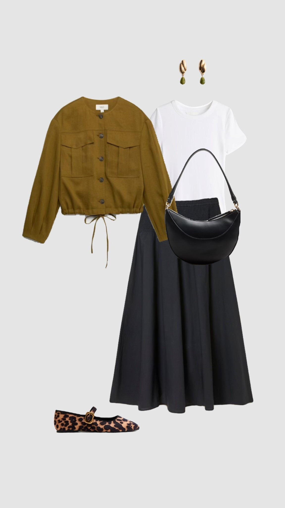Spring Smart Casual Outfit 🌿

• olive green linen cropped jacket black maxi skirt leopard print Mary Jane ballet shoes shoulder bag work workwear city break date day outfits brunch outfit white t-shirt • 



#LTKshoes #LTKFashionMonth #LTKspring