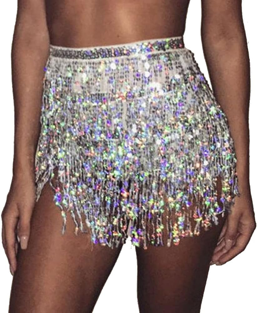 Bufenia Women's Belly Dance Hip Skirt Tassel Sequins Hip Scarf Strappy Wrap Rave Skirts Halloween Co | Amazon (US)